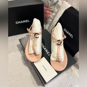 Chanel Pink blush T Sandals NWT Luxury Elegant Comfort.With blush, black silver